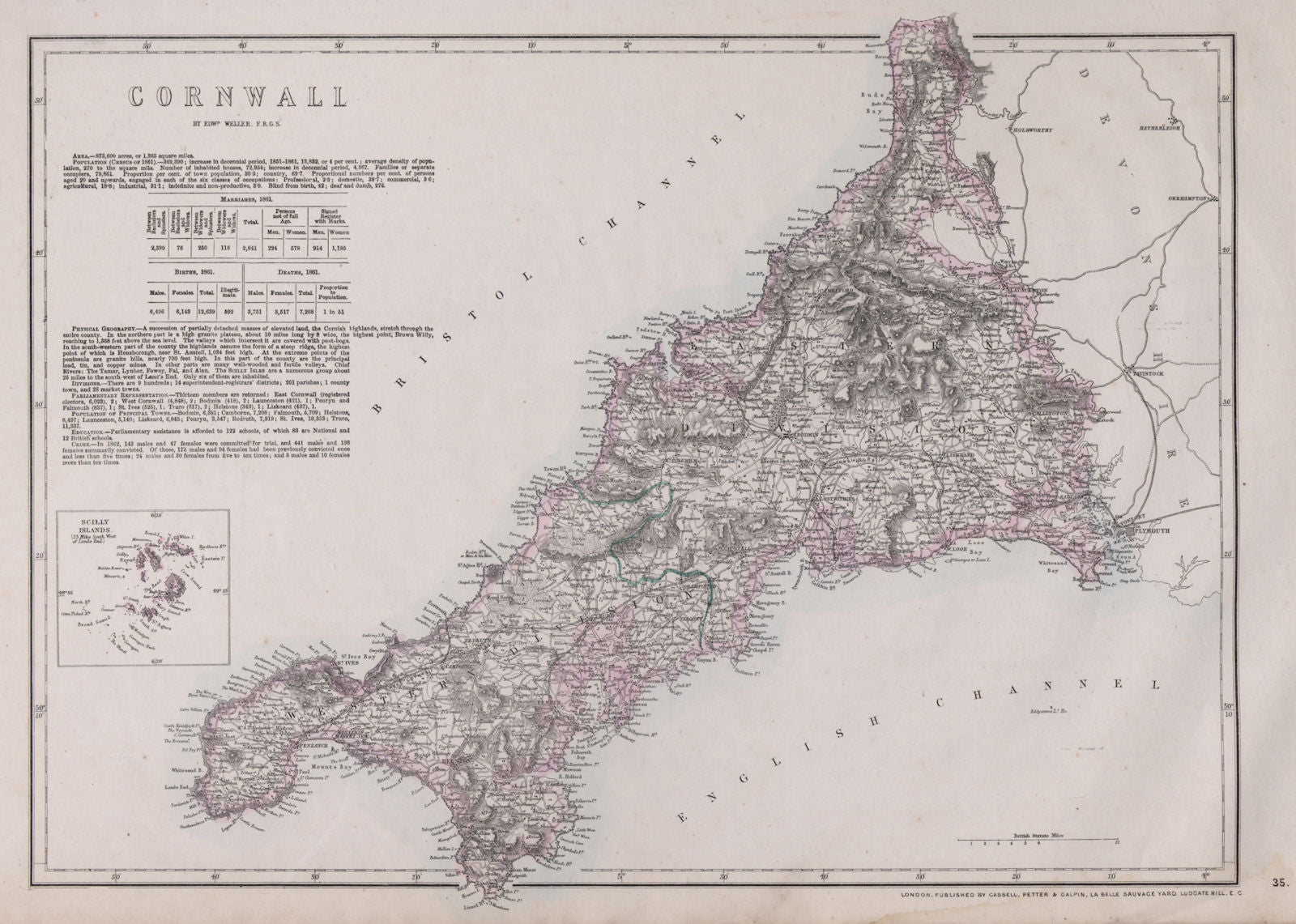 CORNWALL. Antique county map. Railways. Bodmin Moor. WELLER 1868 old